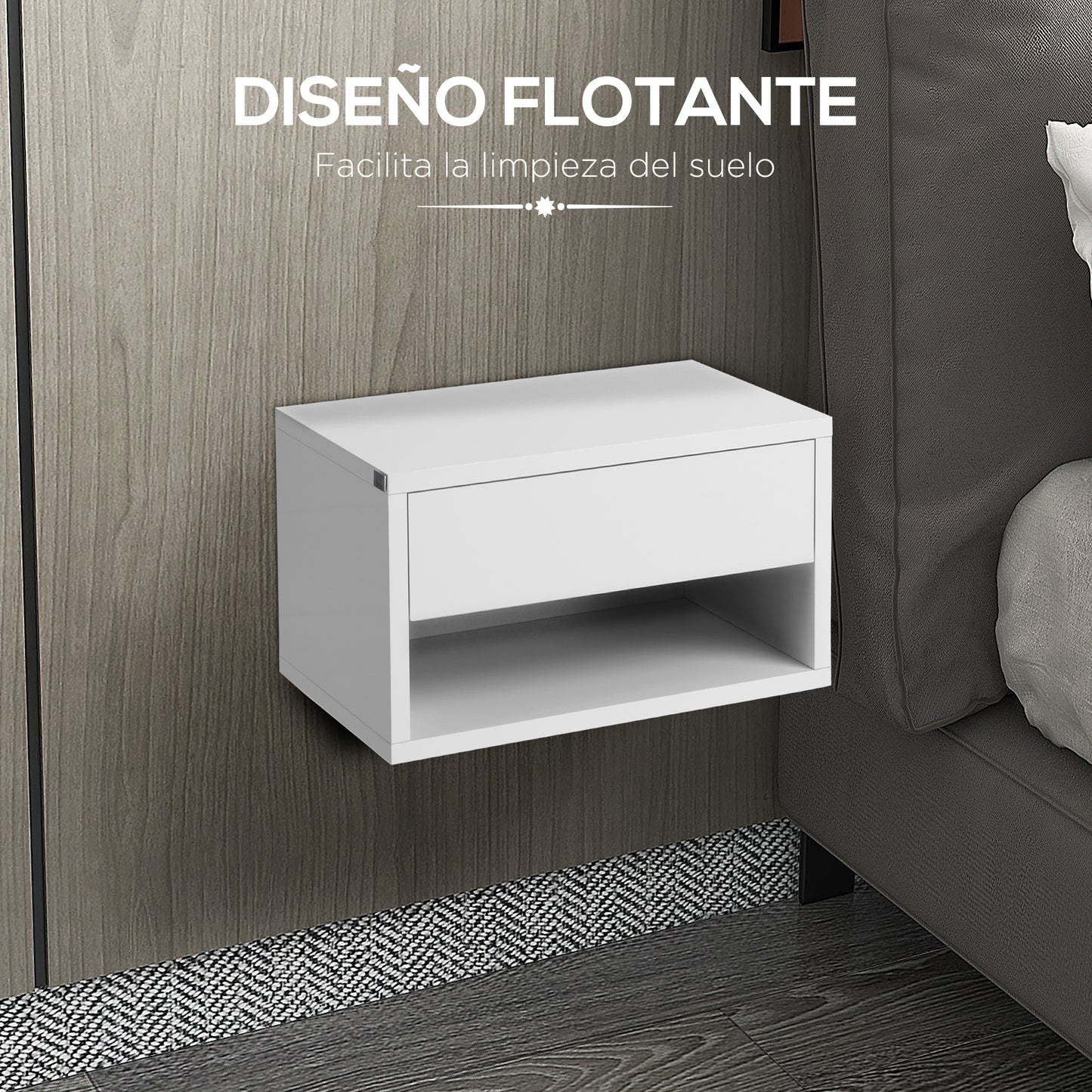 HOMCOM Juego de 2 Mesitas de Noche Flotantes Mesillas de Noche Mesas de Noche con Cajón para Dormitorio Salón 37x32x21 cm Blanco