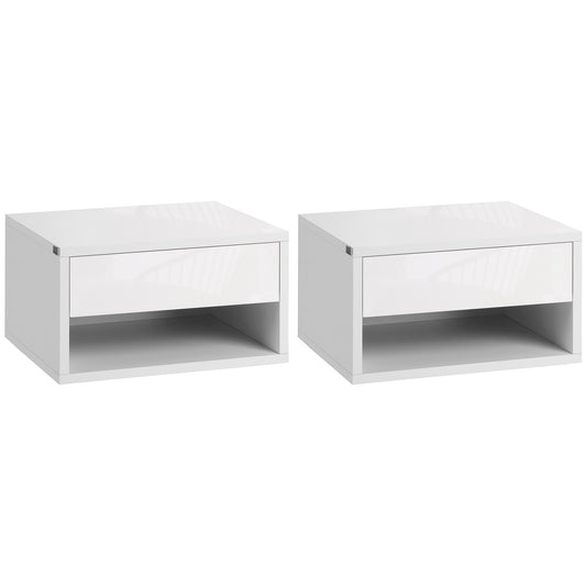 HOMCOM Juego de 2 Mesitas de Noche Flotantes Mesillas de Noche Mesas de Noche con Cajón para Dormitorio Salón 37x32x21 cm Blanco