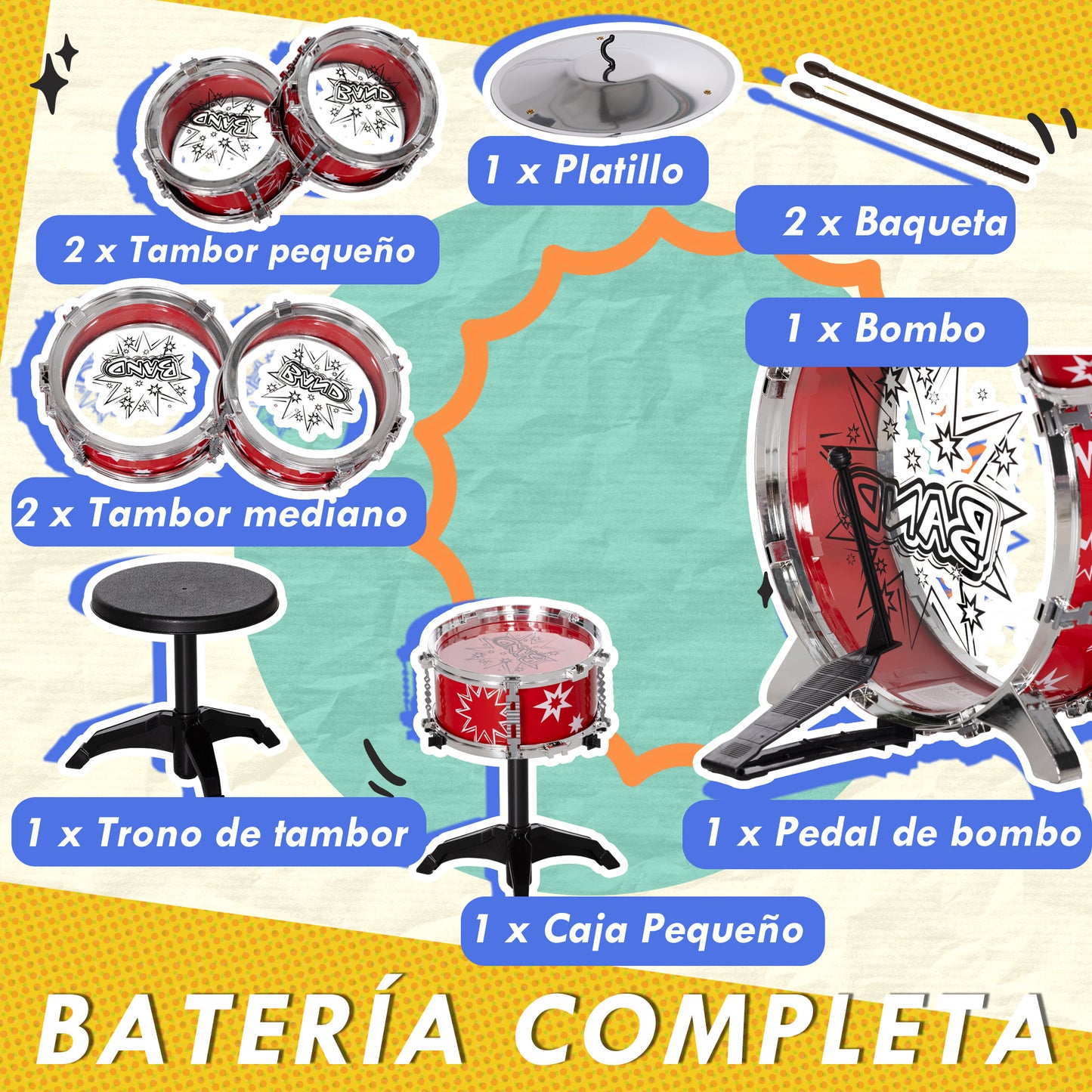 AIYAPLAY Batería Infantil con Taburete Batería para Niños de +3 Años con Tambores Bombo Platillo Pedal y Baquetas Diseño con Tema de Estrellas 65x22x57 cm Rojo