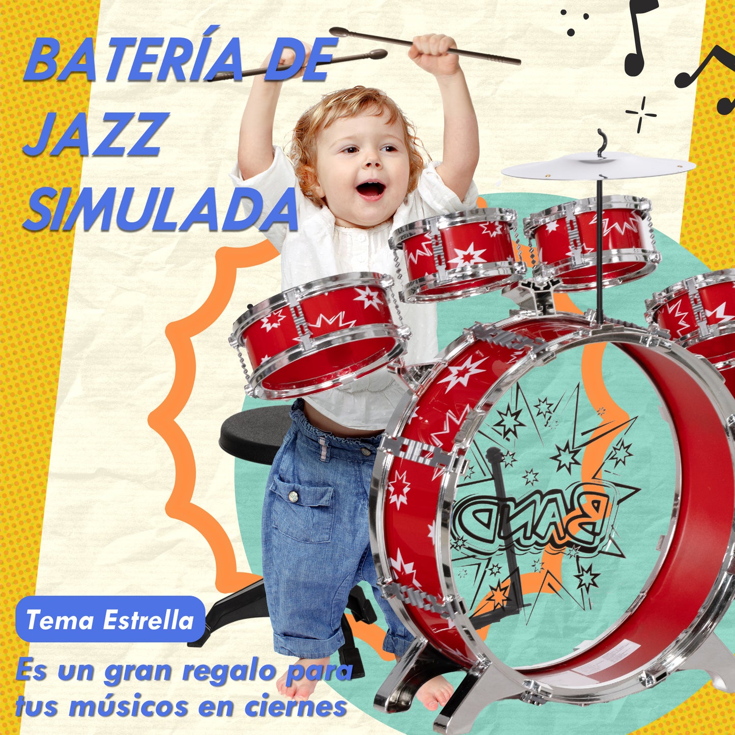 AIYAPLAY Batería Infantil con Taburete Batería para Niños de +3 Años con Tambores Bombo Platillo Pedal y Baquetas Diseño con Tema de Estrellas 65x22x57 cm Rojo