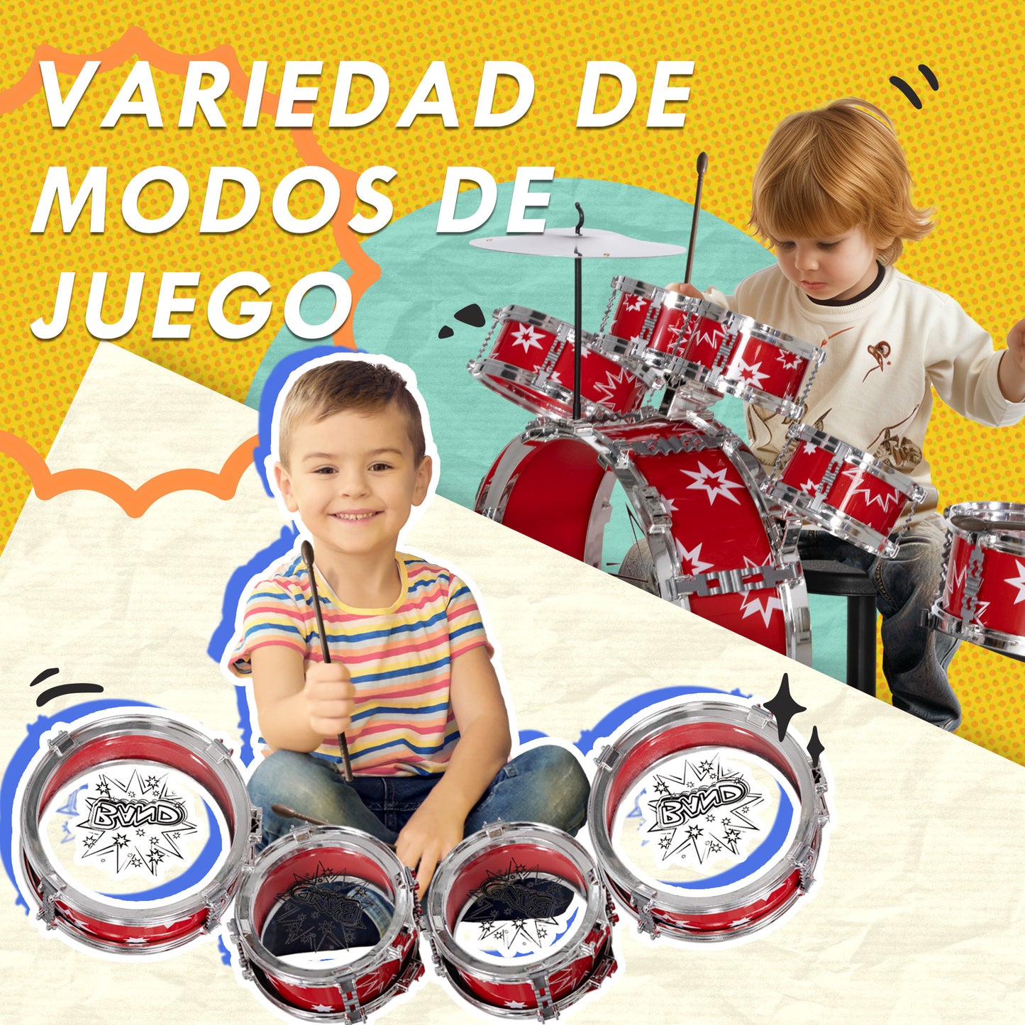 AIYAPLAY Batería Infantil con Taburete Batería para Niños de +3 Años con Tambores Bombo Platillo Pedal y Baquetas Diseño con Tema de Estrellas 65x22x57 cm Rojo