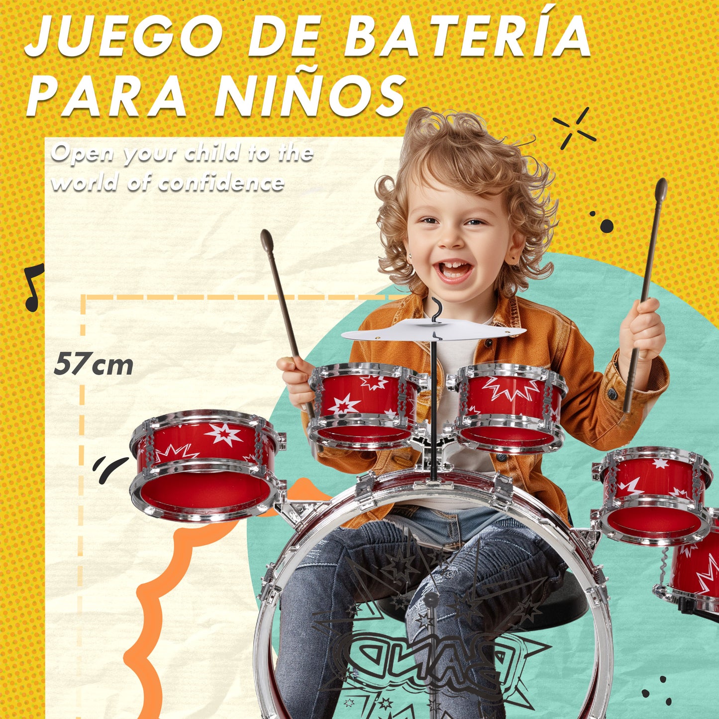 AIYAPLAY Batería Infantil con Taburete Batería para Niños de +3 Años con Tambores Bombo Platillo Pedal y Baquetas Diseño con Tema de Estrellas 65x22x57 cm Rojo