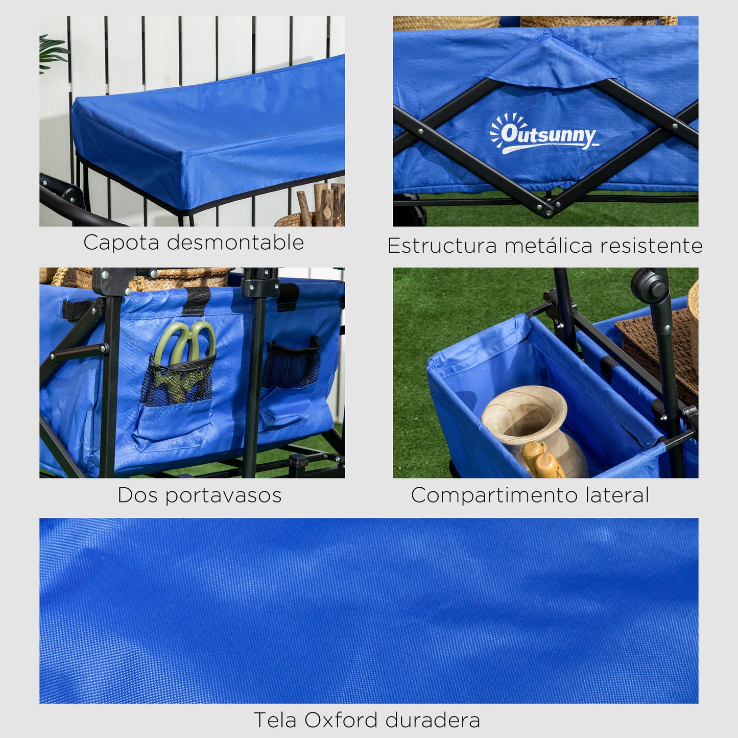 Outsunny Carro Transporte Plegable de Playa Jardín Camping Viaje con Toldo y Manillar Cuatro Ruedas Regulable en Altura de 117x55x98 cm Color Azul Carga Máx. 68 kg