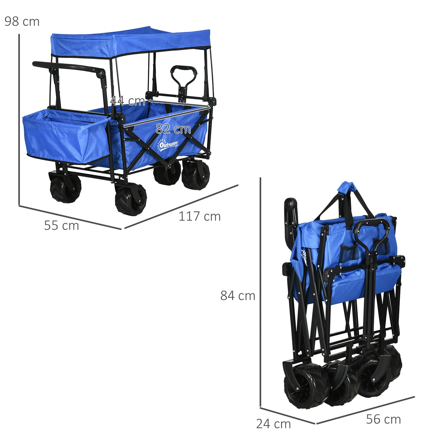 Outsunny Carro Transporte Plegable de Playa Jardín Camping Viaje con Toldo y Manillar Cuatro Ruedas Regulable en Altura de 117x55x98 cm Color Azul Carga Máx. 68 kg