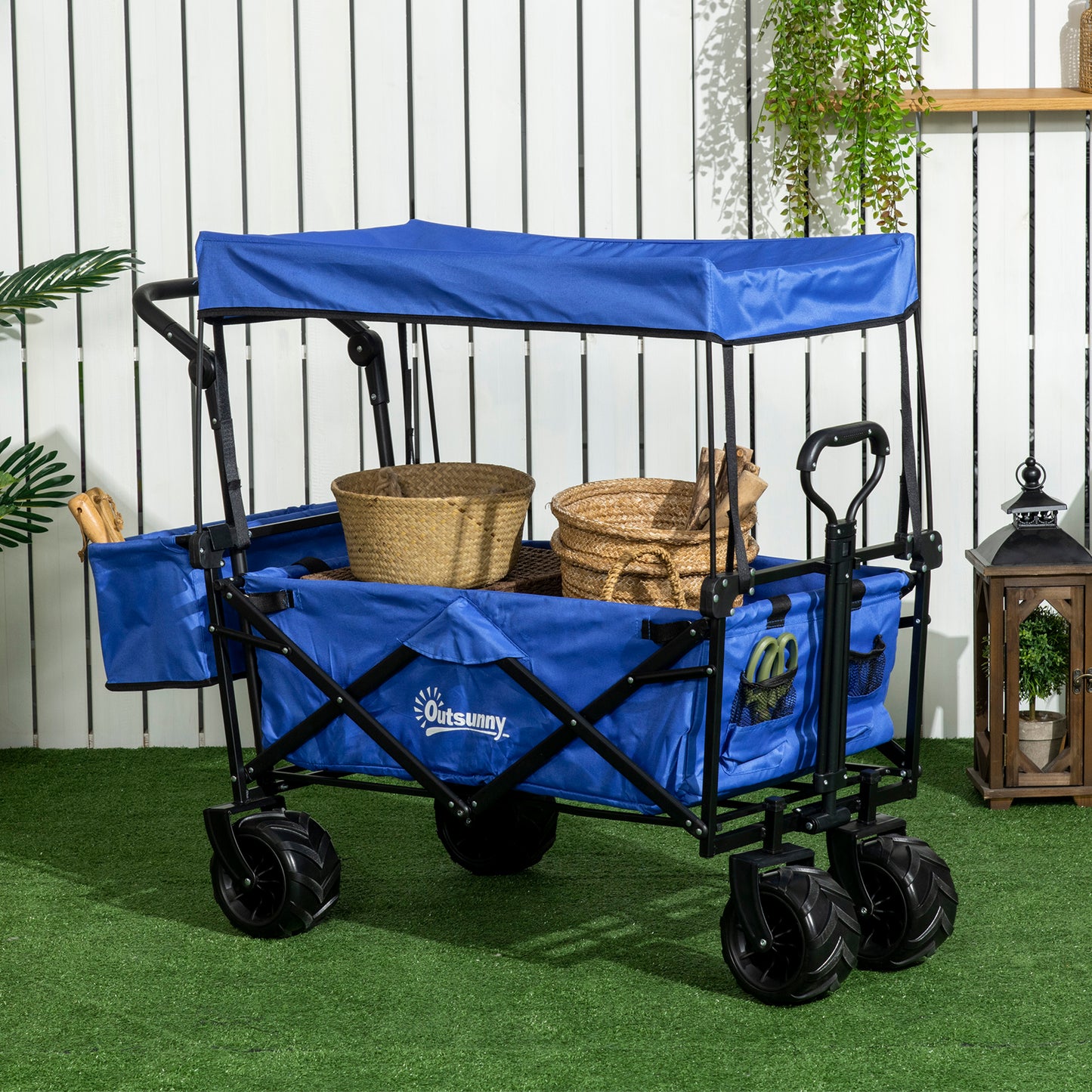 Outsunny Carro Transporte Plegable de Playa Jardín Camping Viaje con Toldo y Manillar Cuatro Ruedas Regulable en Altura de 117x55x98 cm Color Azul Carga Máx. 68 kg