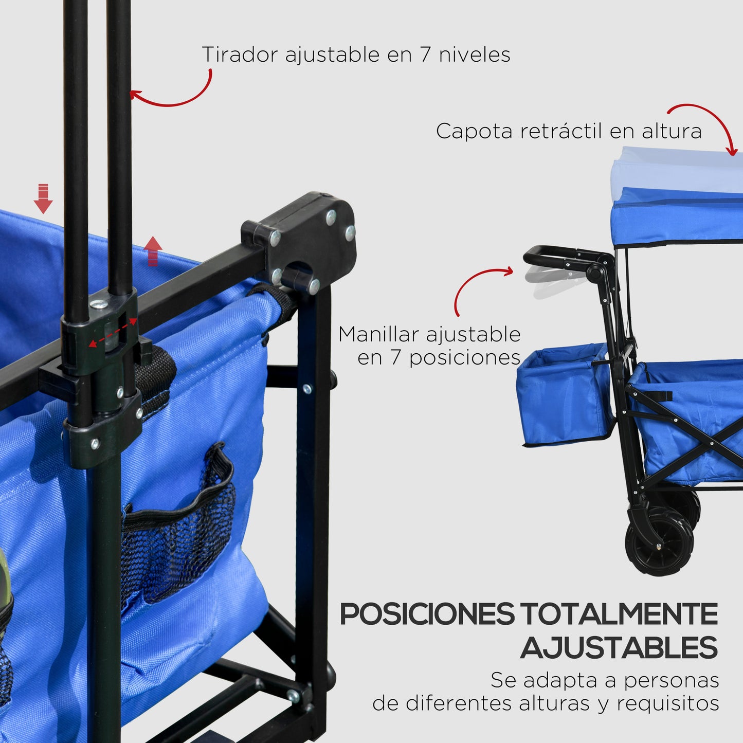 Outsunny Carro Transporte Plegable de Playa Jardín Camping Viaje con Toldo y Manillar Cuatro Ruedas Regulable en Altura de 117x55x98 cm Color Azul Carga Máx. 68 kg