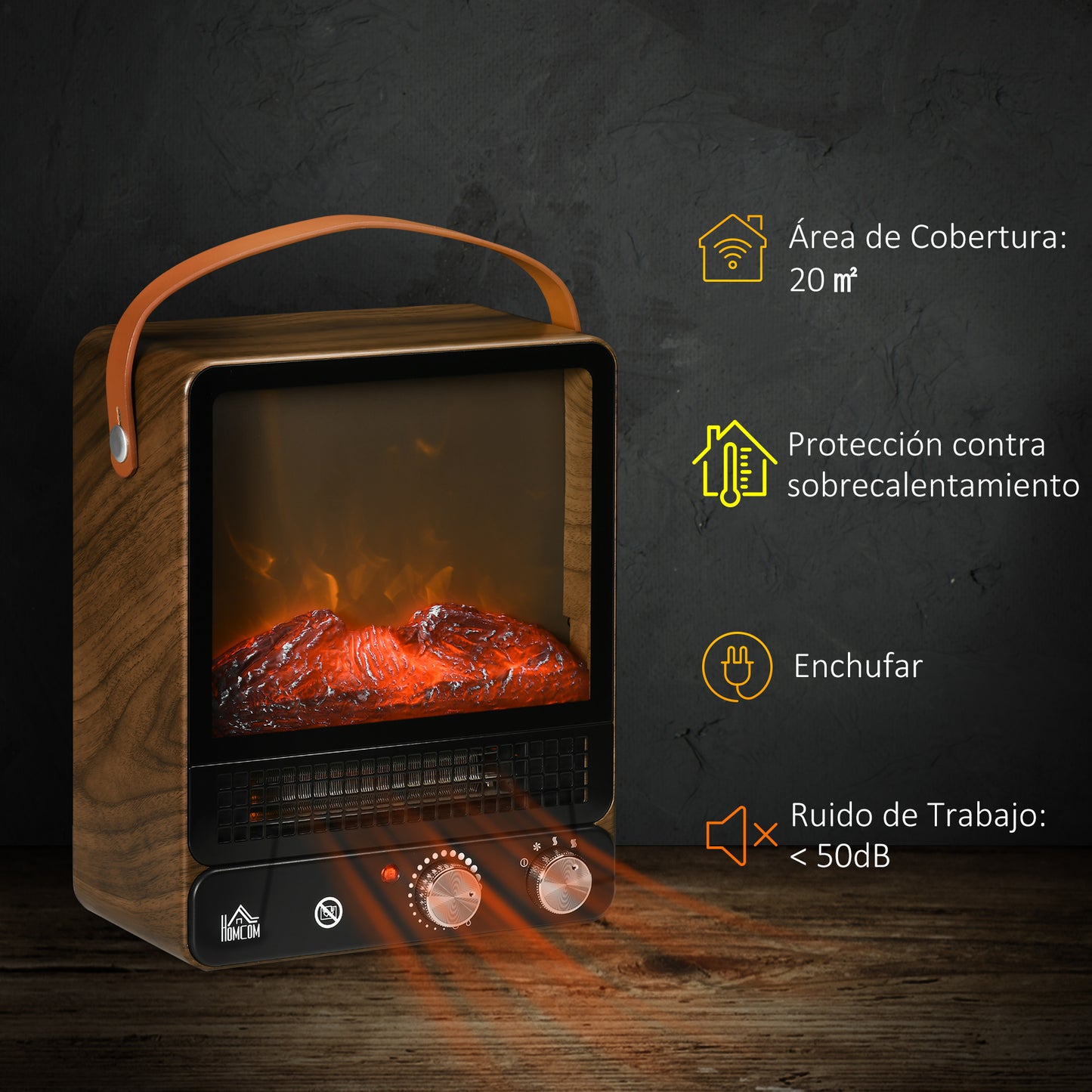 HOMCOM Chimenea Eléctrica 750W/1500W Calentador de Chimenea con Efecto de Llama Realista Asa Portátil y Protección contra Sobrecalentamiento hasta 20 m² 30,3x17,5x37,4 cm Nogal Oscuro