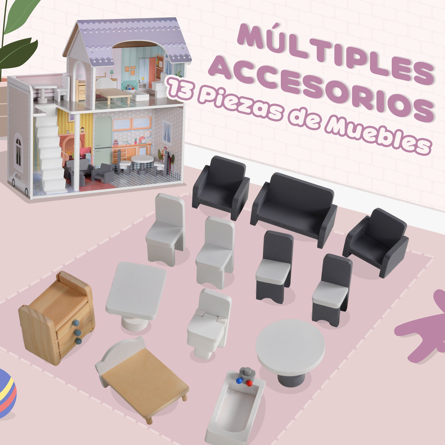 AIYAPLAY Casa de Muñecas con Muebles y Accesorios Casa de Muñecas de Madera con Balcón 2 Pisos Juguete para Niños y Niñas a Partir de 3 Años Multicolor