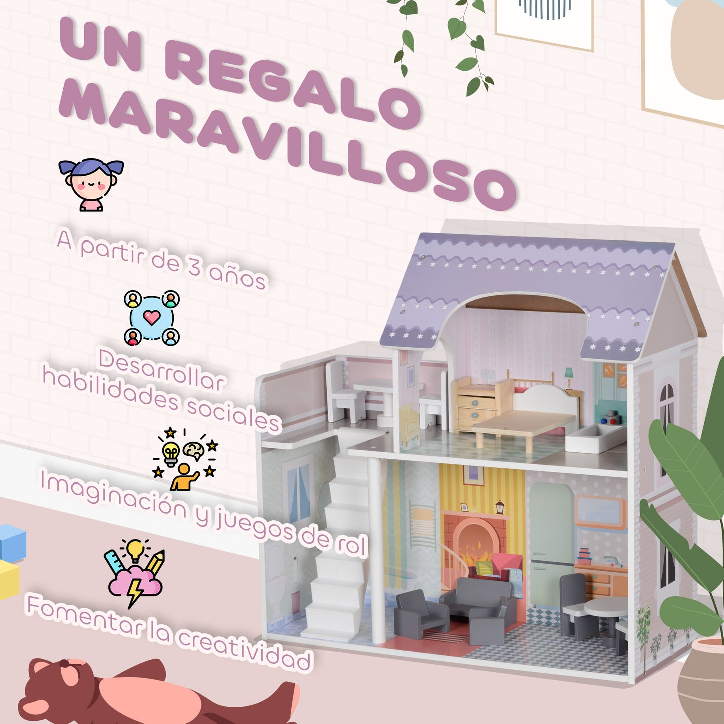 AIYAPLAY Casa de Muñecas con Muebles y Accesorios Casa de Muñecas de Madera con Balcón 2 Pisos Juguete para Niños y Niñas a Partir de 3 Años Multicolor