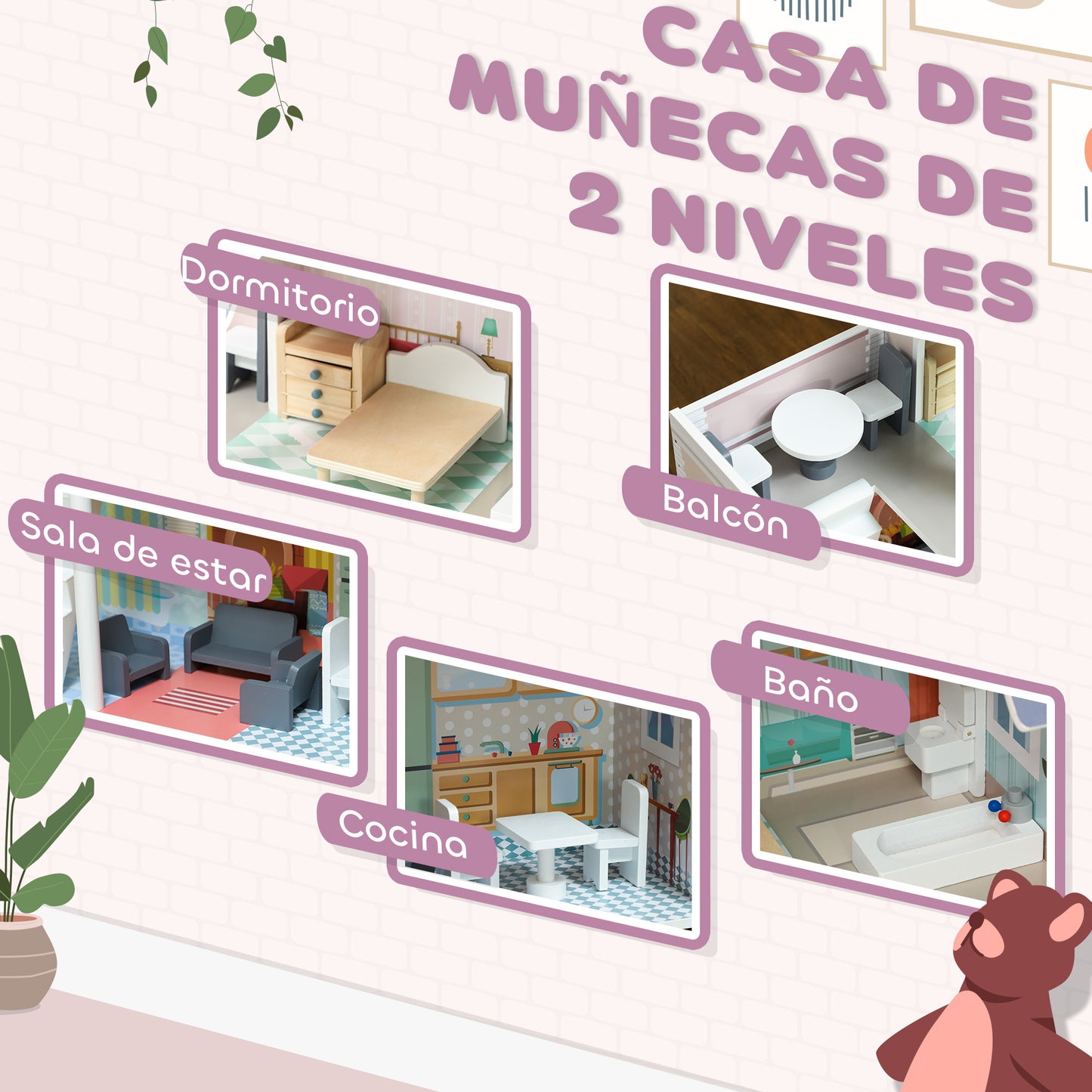 AIYAPLAY Casa de Muñecas con Muebles y Accesorios Casa de Muñecas de Madera con Balcón 2 Pisos Juguete para Niños y Niñas a Partir de 3 Años Multicolor