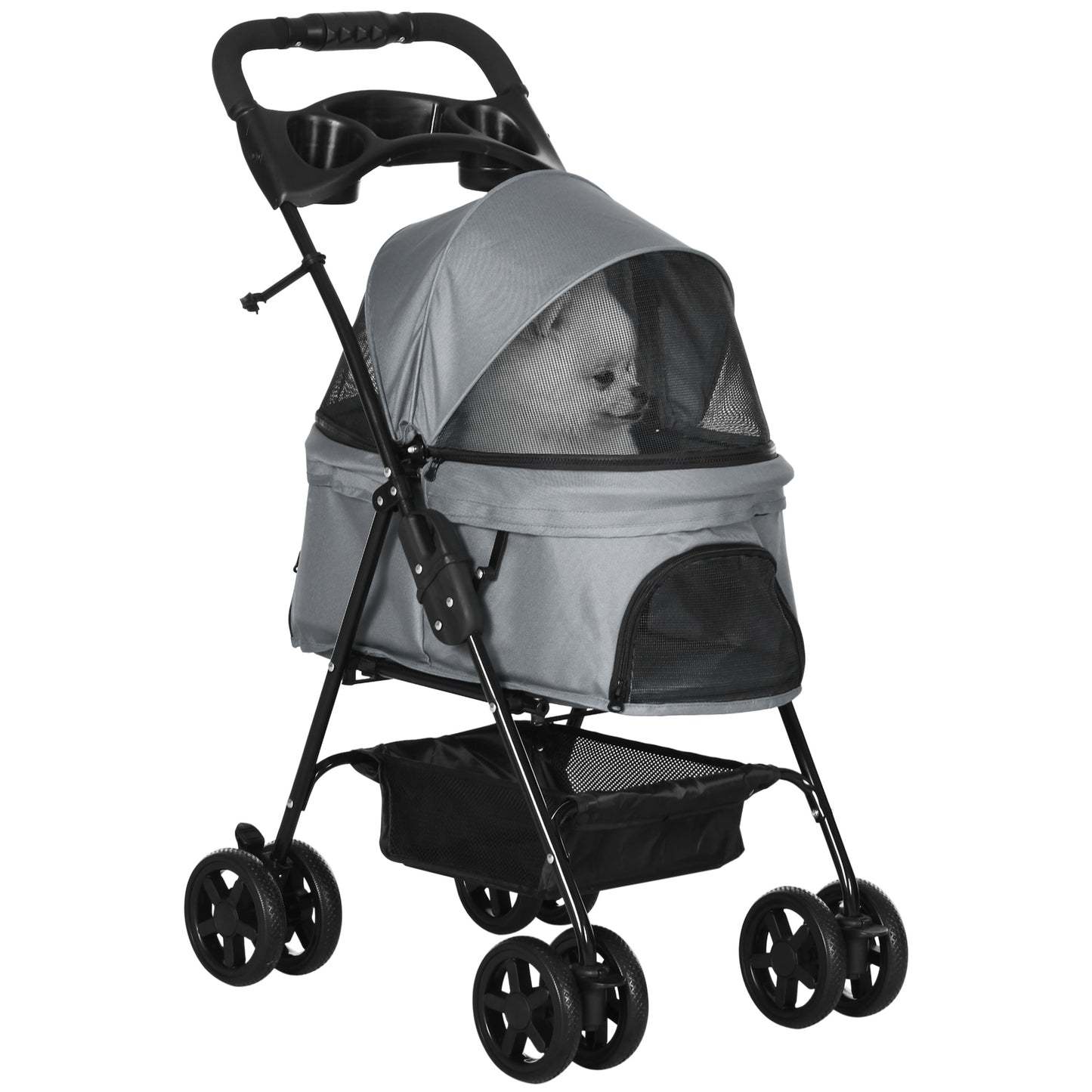 PawHut Cochecito para Perros Plegable Carrito para Perros Pequeños con Ruedas Universales Cesta de Almacenaje Correas de Seguridad y Ventanas 67x45x96 cm Gris