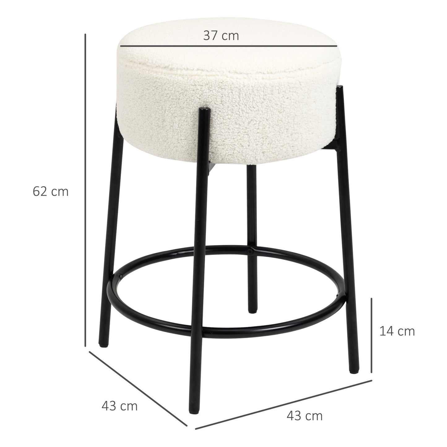 HOMCOM Conjunto de 2 Taburetes Altos de Cocina Tapizado en Borreguito Sillas Altas de Cocina sin Respaldo Carga 120 kg para Bar Salón Comedor Blanco