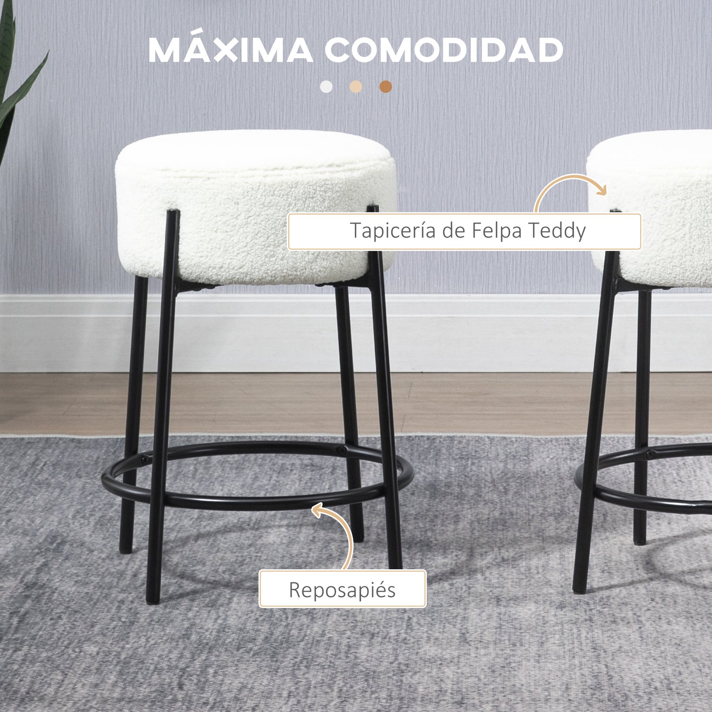 HOMCOM Conjunto de 2 Taburetes Altos de Cocina Tapizado en Borreguito Sillas Altas de Cocina sin Respaldo Carga 120 kg para Bar Salón Comedor Blanco