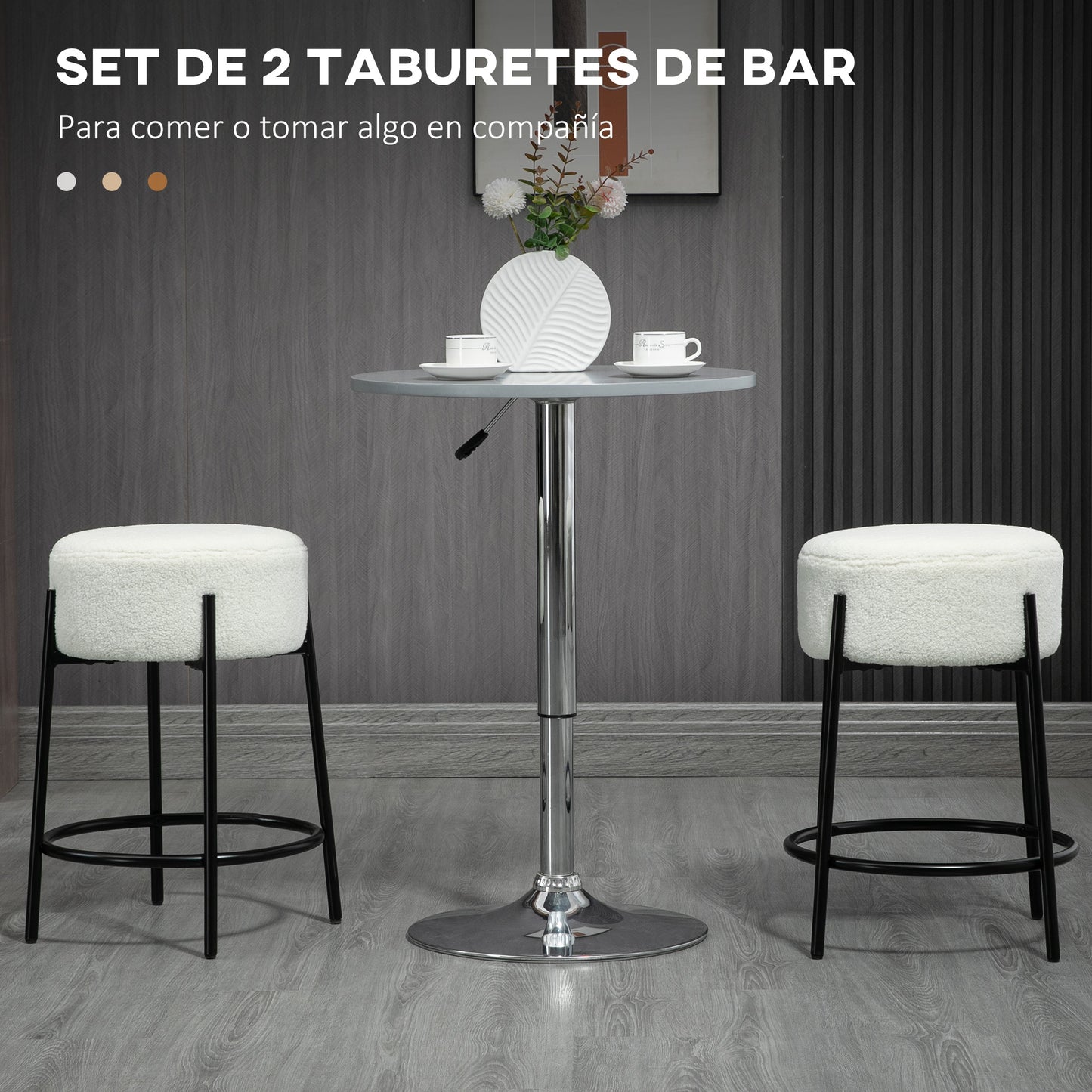 HOMCOM Conjunto de 2 Taburetes Altos de Cocina Tapizado en Borreguito Sillas Altas de Cocina sin Respaldo Carga 120 kg para Bar Salón Comedor Blanco