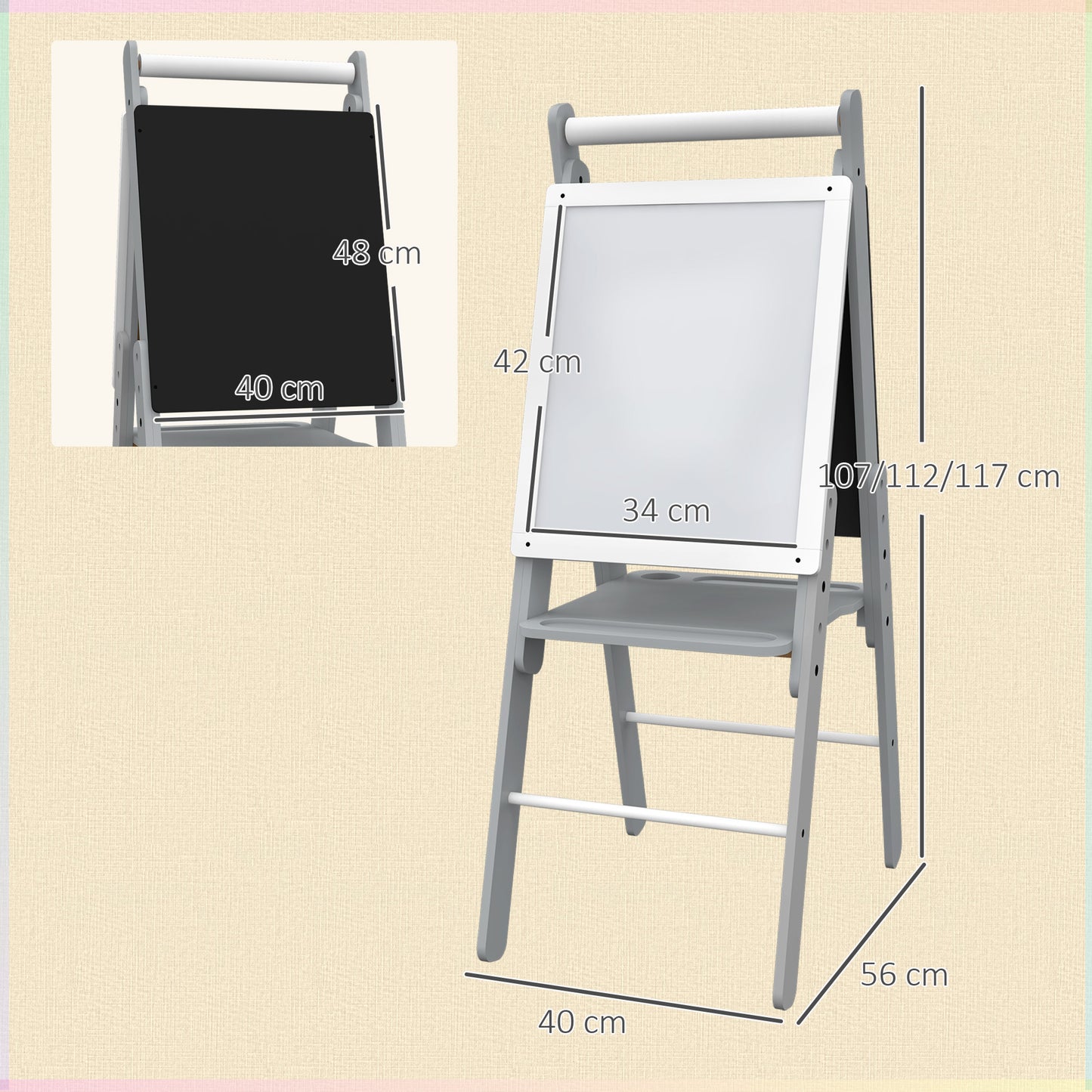 AIYAPLAY Caballete para Niños con Altura Ajustable Caballete de Pizarra Blanca y Pizarra de Doble Cara Caballete de Arte de Dibujo 3 en 1 con Rollo de Papel 40x56x107/112/117 cm Gris