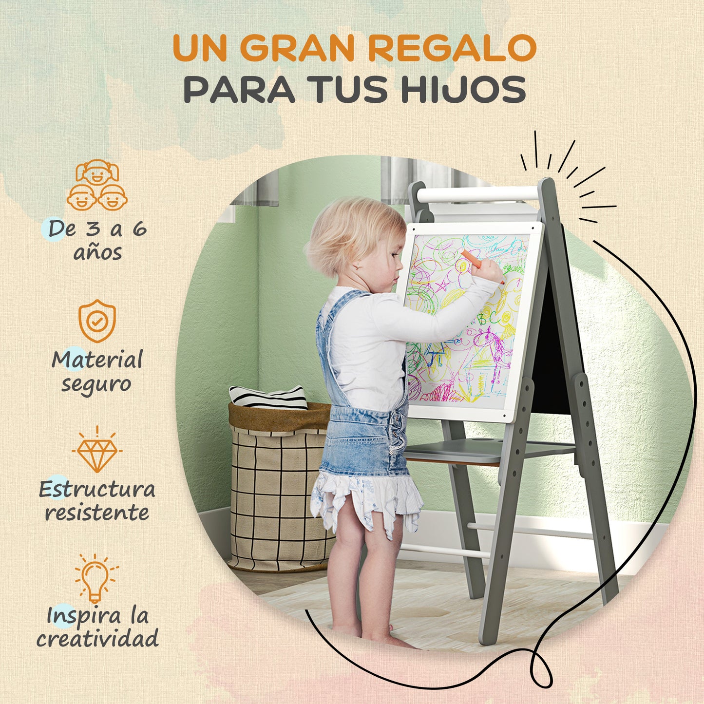 AIYAPLAY Caballete para Niños con Altura Ajustable Caballete de Pizarra Blanca y Pizarra de Doble Cara Caballete de Arte de Dibujo 3 en 1 con Rollo de Papel 40x56x107/112/117 cm Gris