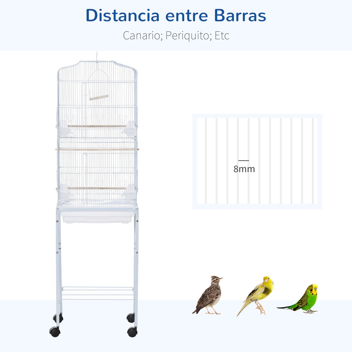 PawHut Jaula para Pájaros con Ruedas 46,5x36x157 cm Jaula Metálica de Aves con Puertas 4 Comederos 3 Perchas Bandeja Extraíble y Estante de Almacenaje para Canarios Periquitos Blanco