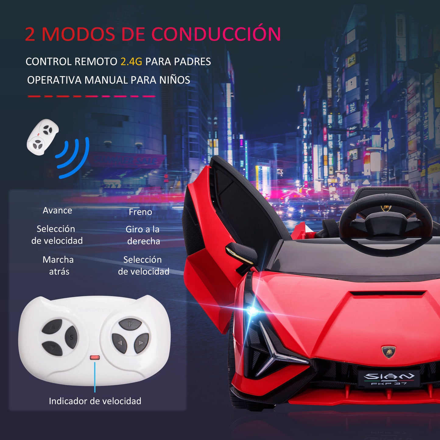 HOMCOM Coche Eléctrico Lamborghini SIAN 12V para Niños de +3 Años con Mando a Distancia Apertura de Puerta Música MP3 USB y Faros 3-5 km/h 108x62x40 cm Rojo