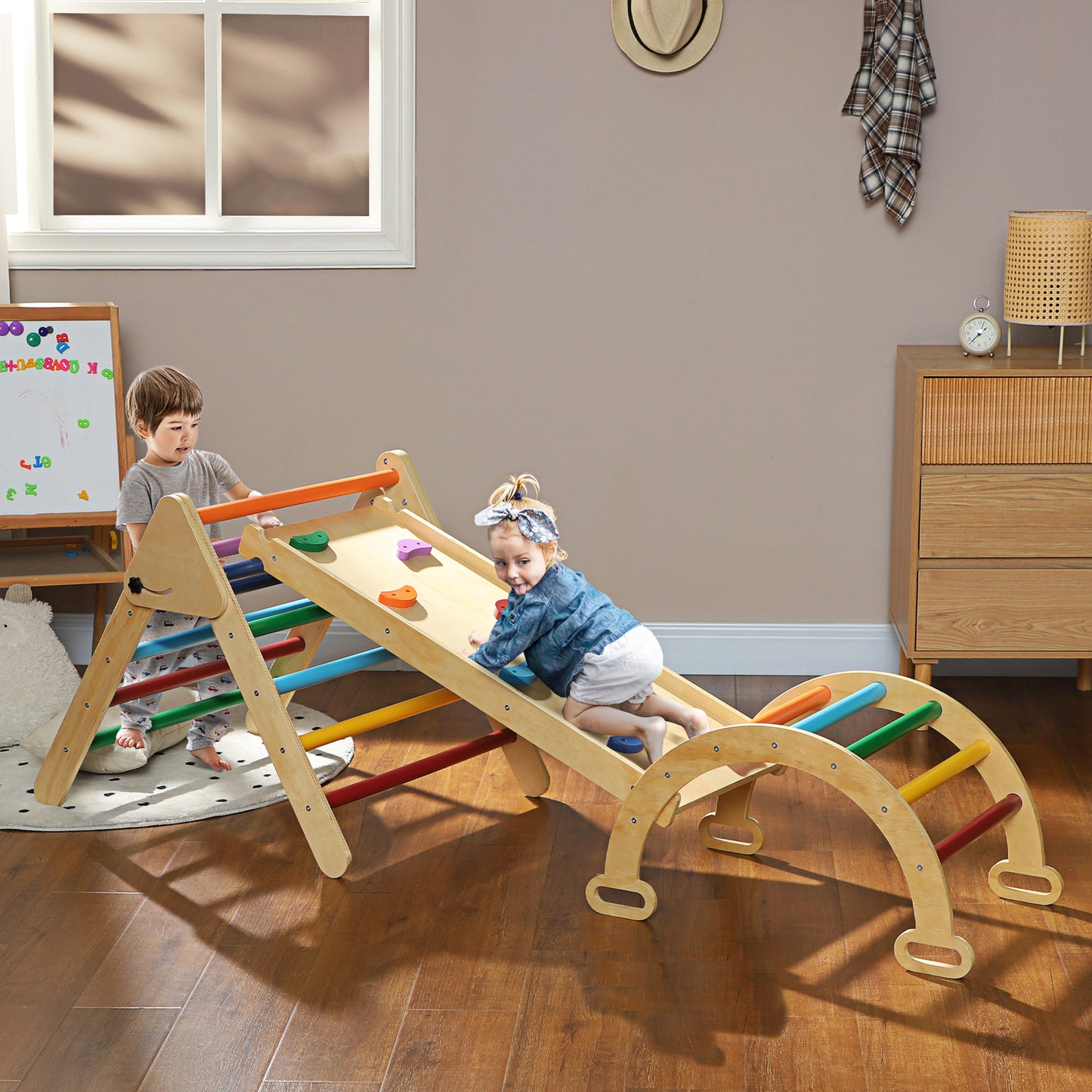 AIYAPLAY Triángulo de Escalada de Madera 5 en 1 Escalada para Niños de 18-48 Meses con Rampa Escalador de Arco para Deslizarse o Escalar 178x64,5 cm Multicolor