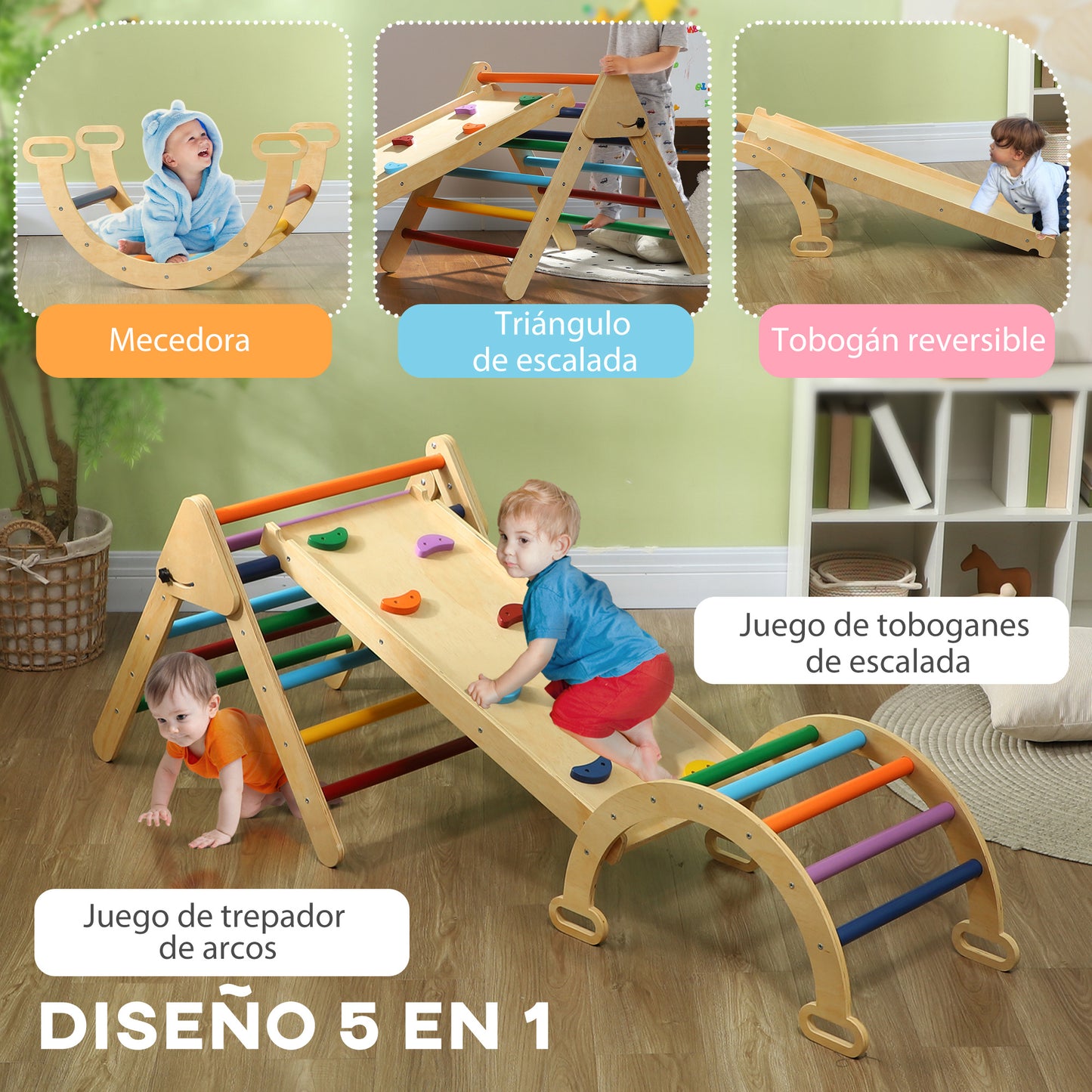 AIYAPLAY Triángulo de Escalada de Madera 5 en 1 Escalada para Niños de 18-48 Meses con Rampa Escalador de Arco para Deslizarse o Escalar 178x64,5 cm Multicolor