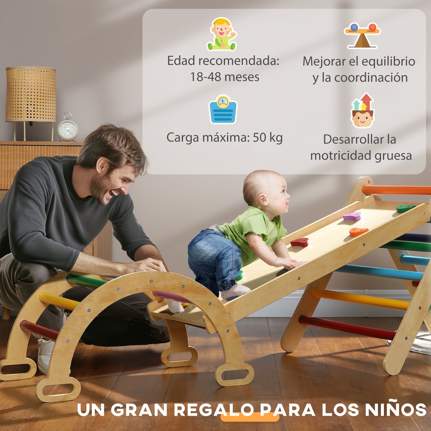 AIYAPLAY Triángulo de Escalada de Madera 5 en 1 Escalada para Niños de 18-48 Meses con Rampa Escalador de Arco para Deslizarse o Escalar 178x64,5 cm Multicolor