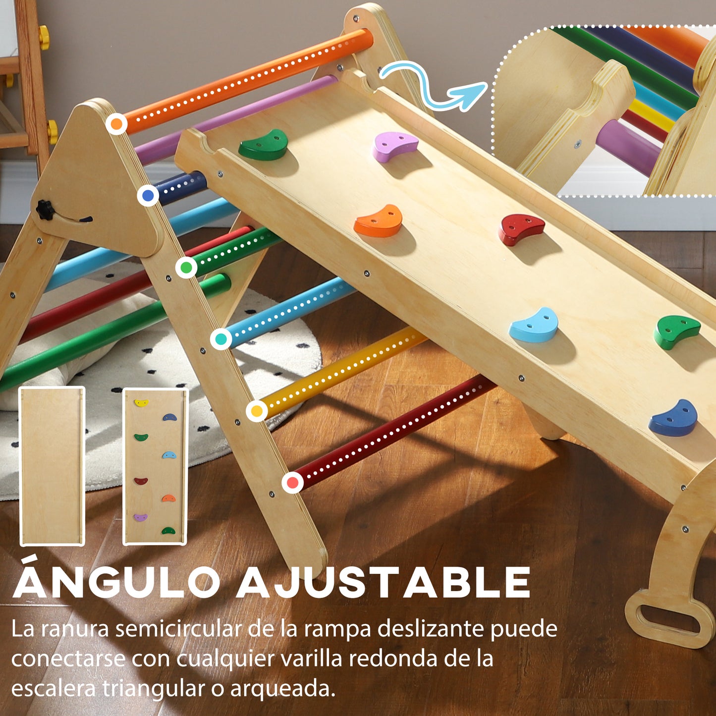 AIYAPLAY Triángulo de Escalada de Madera 5 en 1 Escalada para Niños de 18-48 Meses con Rampa Escalador de Arco para Deslizarse o Escalar 178x64,5 cm Multicolor