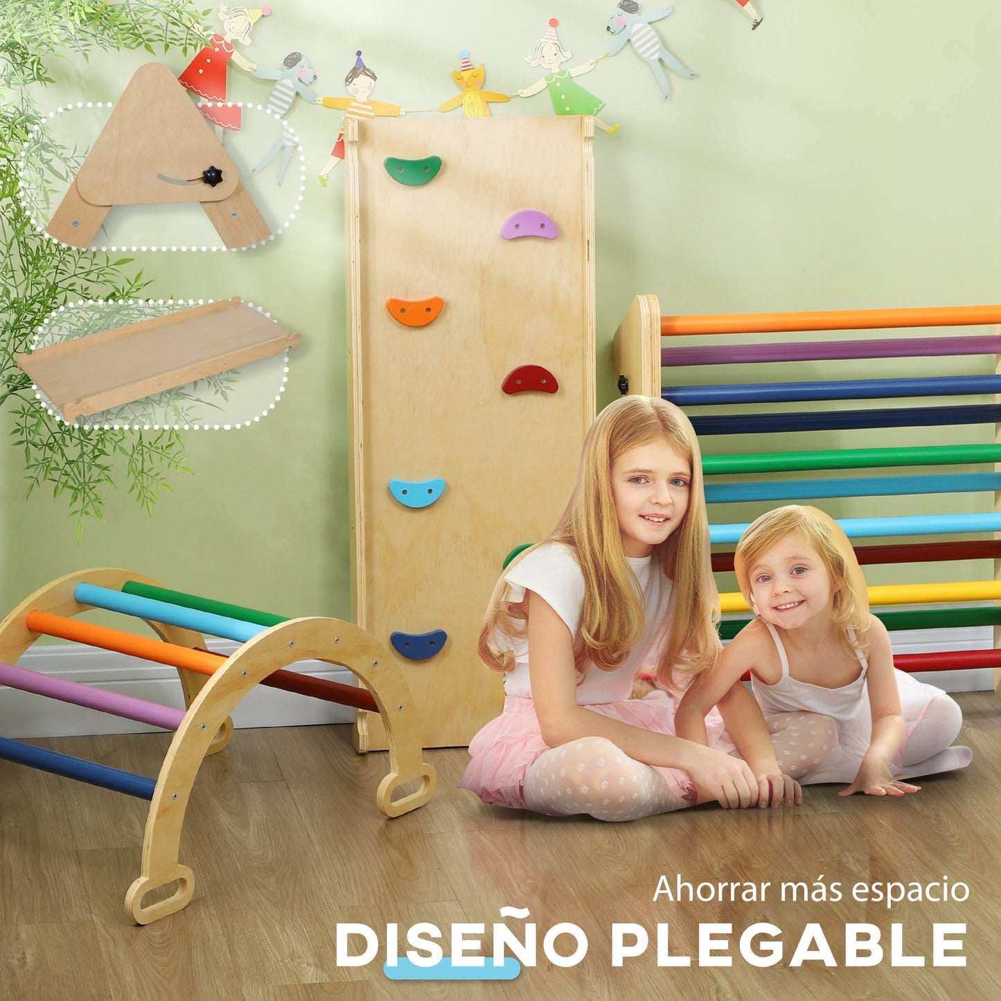 AIYAPLAY Triángulo de Escalada de Madera 5 en 1 Escalada para Niños de 18-48 Meses con Rampa Escalador de Arco para Deslizarse o Escalar 178x64,5 cm Multicolor