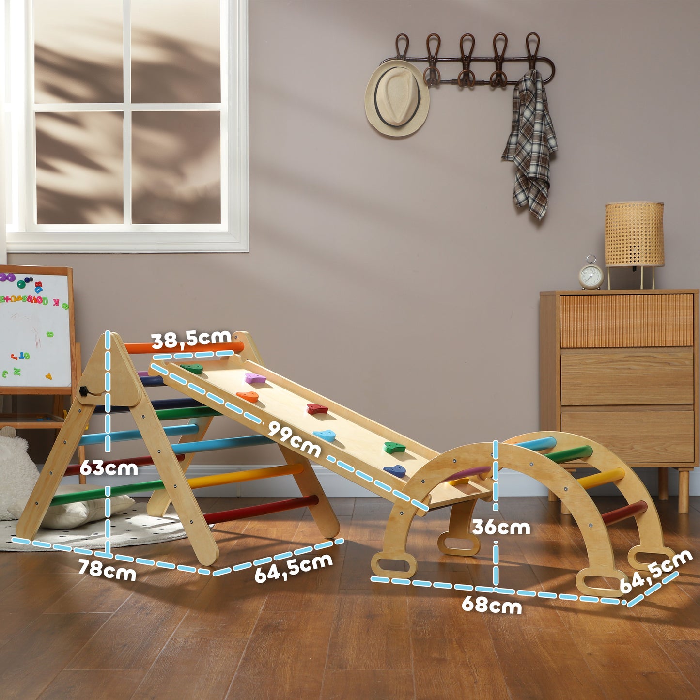 AIYAPLAY Triángulo de Escalada de Madera 5 en 1 Escalada para Niños de 18-48 Meses con Rampa Escalador de Arco para Deslizarse o Escalar 178x64,5 cm Multicolor