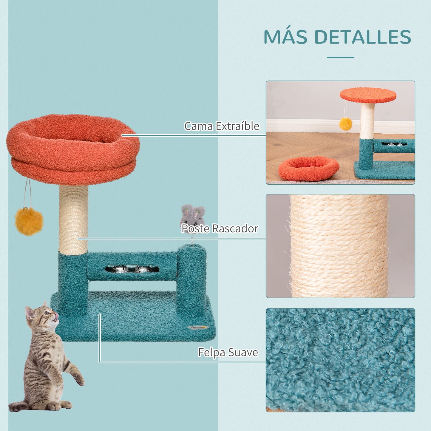 PawHut Rascador para Gatos Pequeño con Cama Extraíble Rodillo con Cascabeles Poste de Rascador de Sisal Bola Colgante y Juguete 37x25x45 cm Naranja y Azul