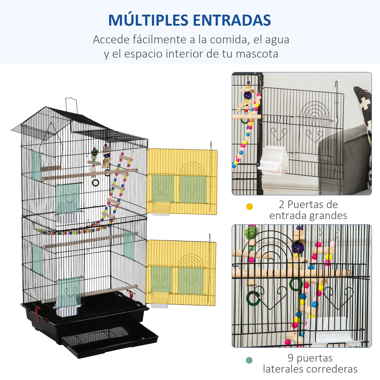 PawHut Jaula para Pájaros Pajarera de Metal con Múltiples Puertas 4 Comederos 3 Perchas Columpio Escaleras y Bandeja Extraíble para Loros Canarios Periquitos 46x36x100 cm Negro