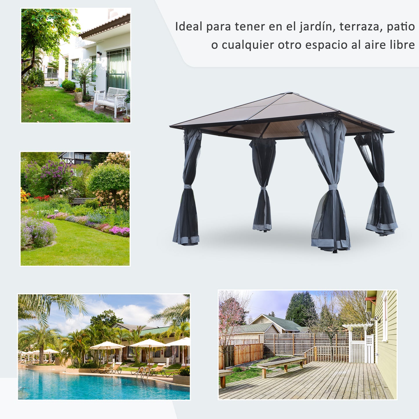 Outsunny Cenador de Jardín 3x3 m con Marco de Aluminio Pabellón de Exterior con Techo de Policarbonato 4 Cortinas Laterales y 4 Mosquiteras con Cremalleras Gazebo para Fiestas Eventos Multicolor