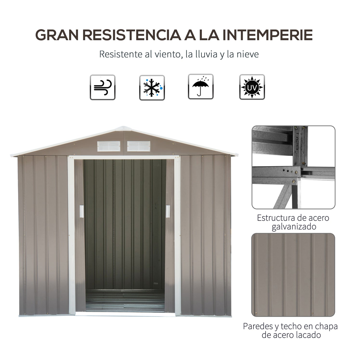 Outsunny Cobertizo de Jardín con Base 213x130x185 cm Caseta de Jardín Exterior con 2 Puertas Correderas y 4 Ventanas para Almacenamiento de Herramientas Gris