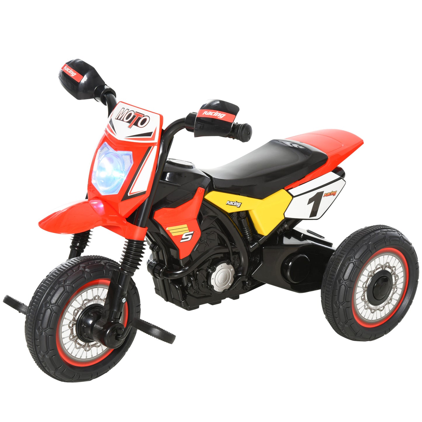 HOMCOM Moto Correpasillos Infantil para Niños de +18 Meses con Apariencia de Moto de Montaña con 3 Ruedas con Luces y Sonido Pedales Diseño Único 71x40x51 cm Rojo