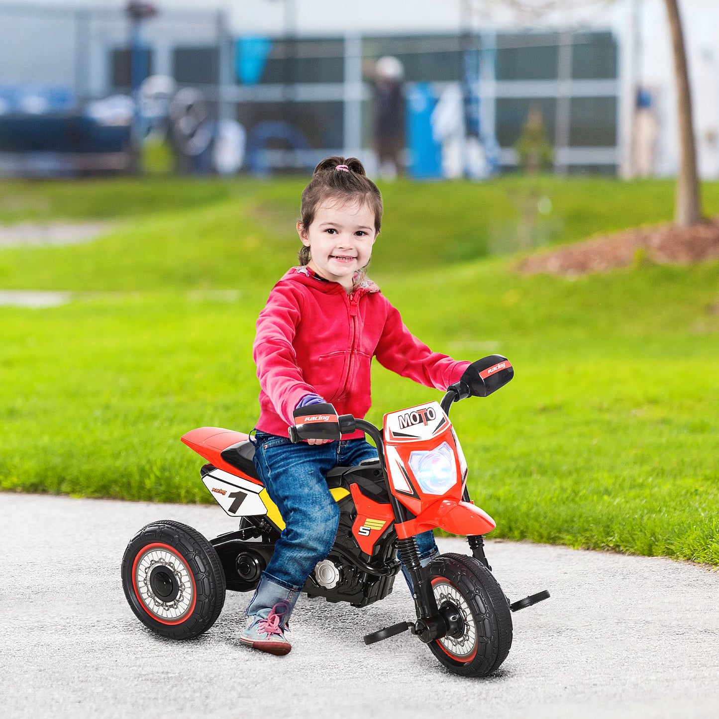 HOMCOM Moto Correpasillos Infantil para Niños de +18 Meses con Apariencia de Moto de Montaña con 3 Ruedas con Luces y Sonido Pedales Diseño Único 71x40x51 cm Rojo