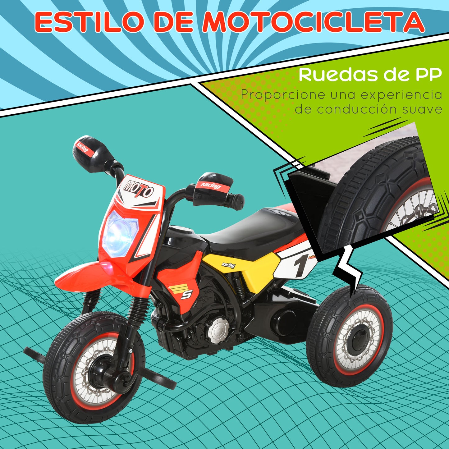 HOMCOM Moto Correpasillos Infantil para Niños de +18 Meses con Apariencia de Moto de Montaña con 3 Ruedas con Luces y Sonido Pedales Diseño Único 71x40x51 cm Rojo