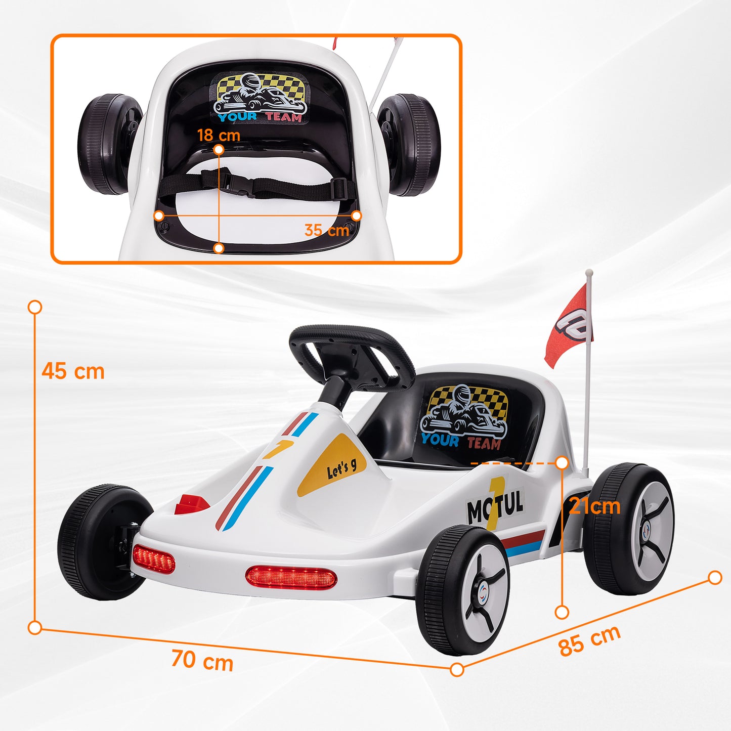 AIYAPLAY Kart Eléctrico para Niños de +3 Años Kart Eléctrico 6 V con Música Luz Bocina Cinturón de Seguridad Go Kart Carga 50 kg Blanco