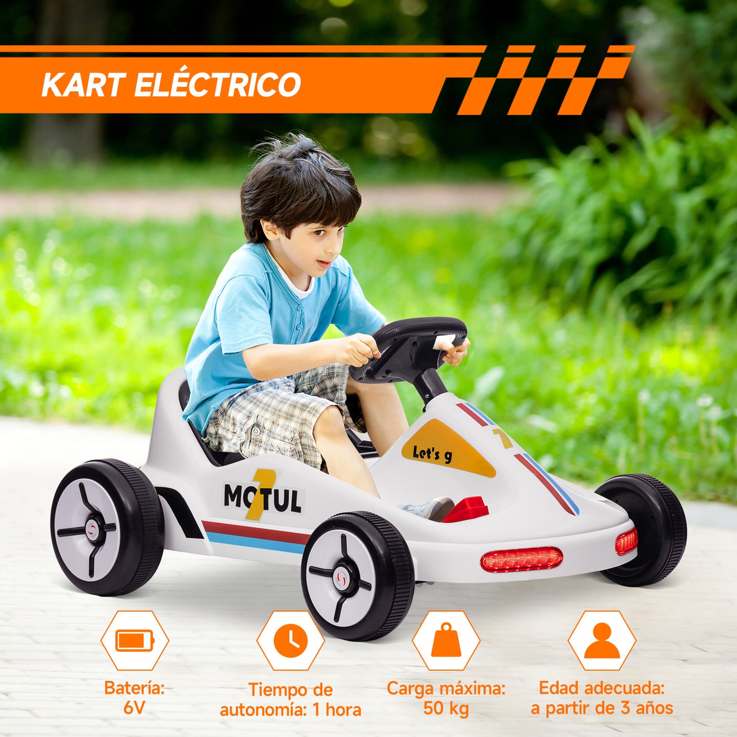 AIYAPLAY Kart Eléctrico para Niños de +3 Años Kart Eléctrico 6 V con Música Luz Bocina Cinturón de Seguridad Go Kart Carga 50 kg Blanco