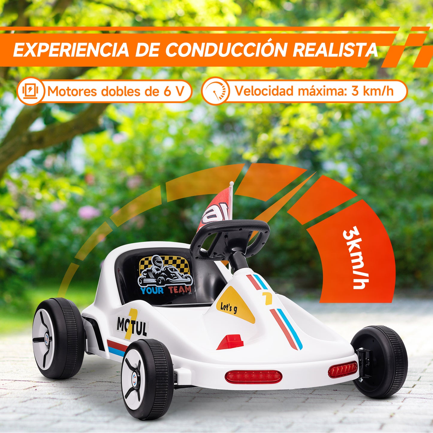 AIYAPLAY Kart Eléctrico para Niños de +3 Años Kart Eléctrico 6 V con Música Luz Bocina Cinturón de Seguridad Go Kart Carga 50 kg Blanco