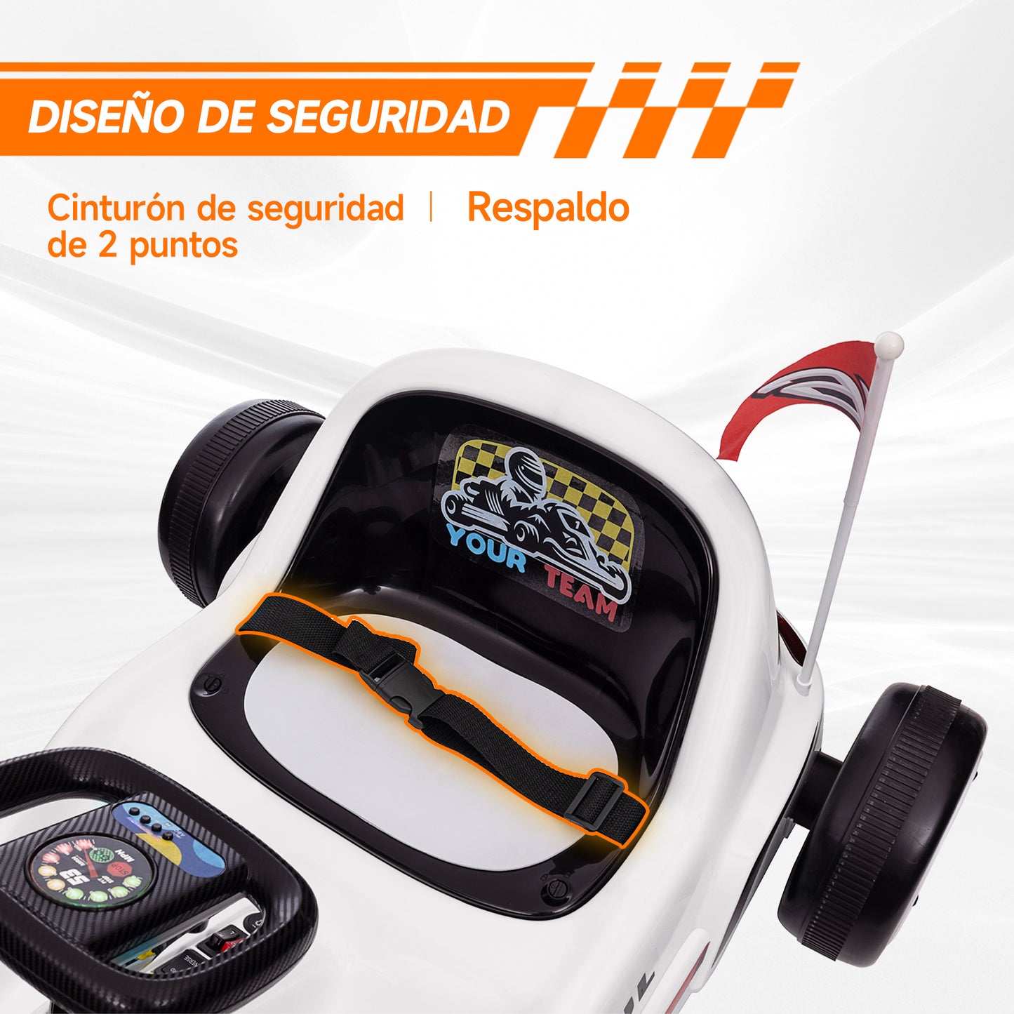 AIYAPLAY Kart Eléctrico para Niños de +3 Años Kart Eléctrico 6 V con Música Luz Bocina Cinturón de Seguridad Go Kart Carga 50 kg Blanco