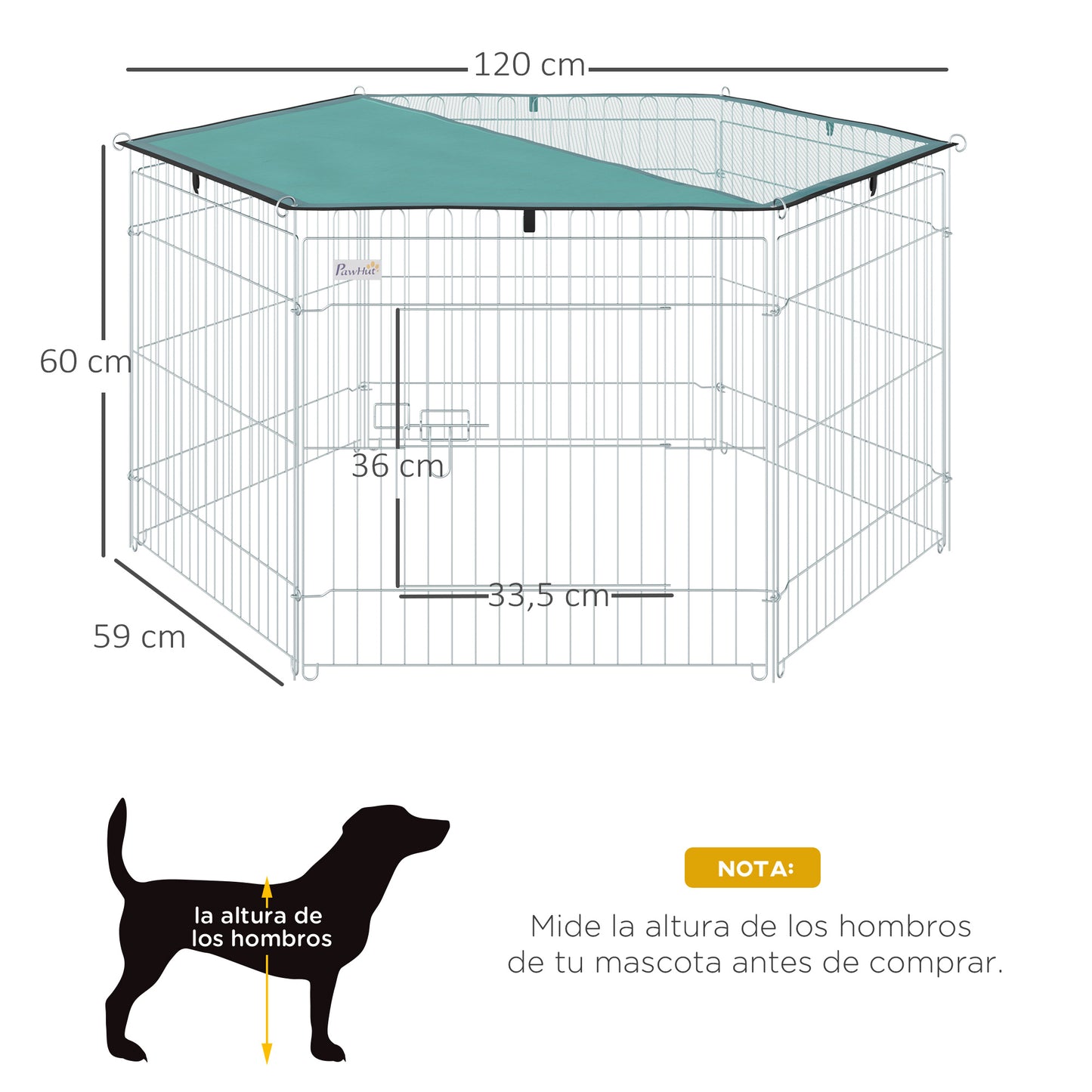 PawHut Parque de Juegos para Perros 6 Paneles 59x60 cm Plegables Valla Metálica para Mascotas con Puerta con Pestillo y Toldo Superior para Jardín Patio Exterior Plata