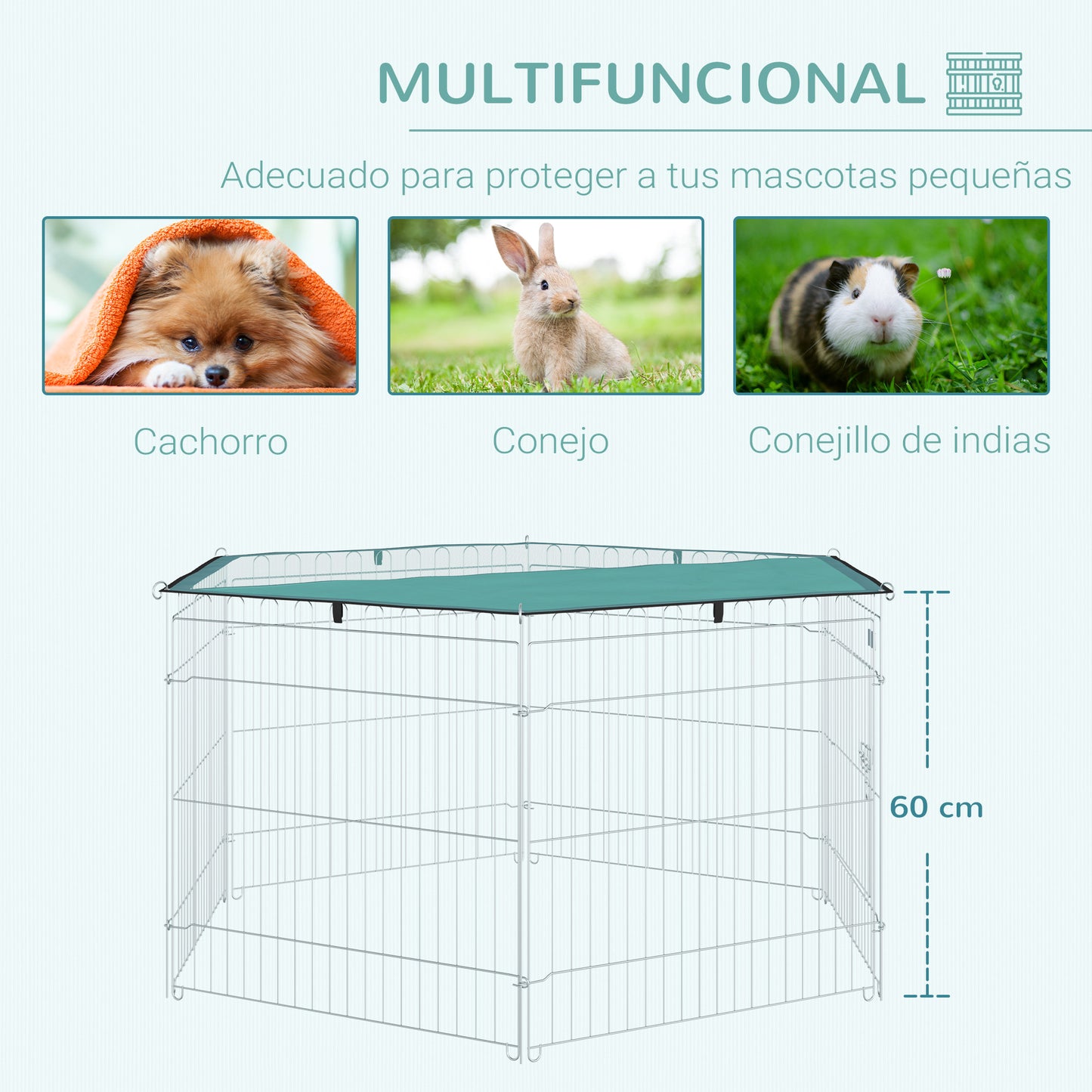 PawHut Parque de Juegos para Perros 6 Paneles 59x60 cm Plegables Valla Metálica para Mascotas con Puerta con Pestillo y Toldo Superior para Jardín Patio Exterior Plata