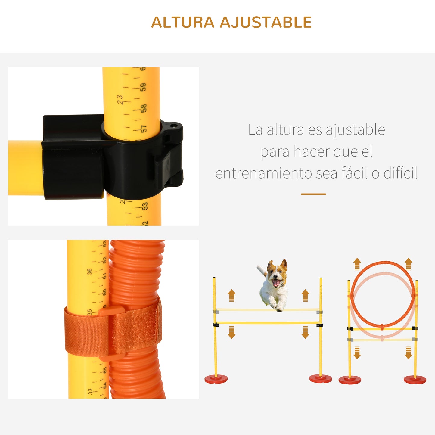 PawHut Conjunto 4 Obstáculos de Entrenamiento para Perro Set de Agilidad para Mascotas Estable Altura Ajustable de Aro con Túnel Postes y Bolsa Transporte Amarillo