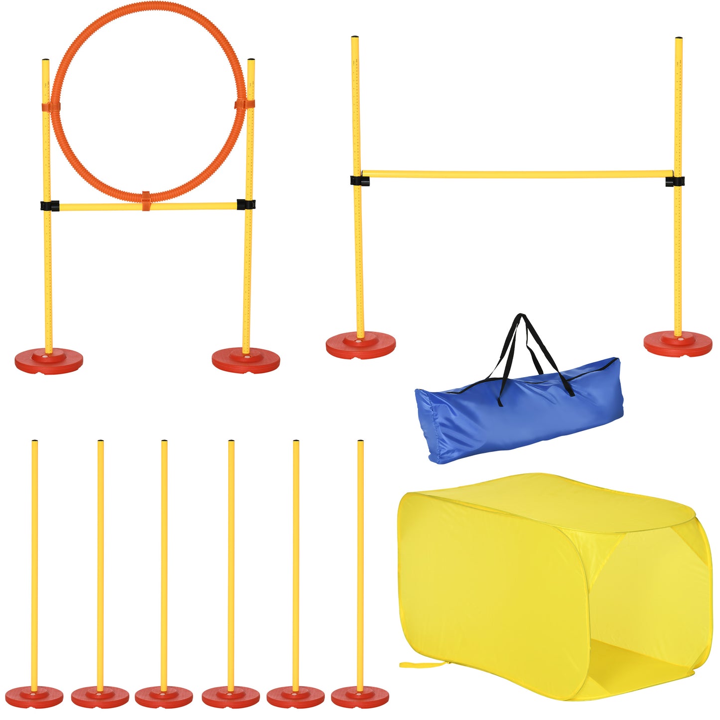 PawHut Conjunto 4 Obstáculos de Entrenamiento para Perro Set de Agilidad para Mascotas Estable Altura Ajustable de Aro con Túnel Postes y Bolsa Transporte Amarillo