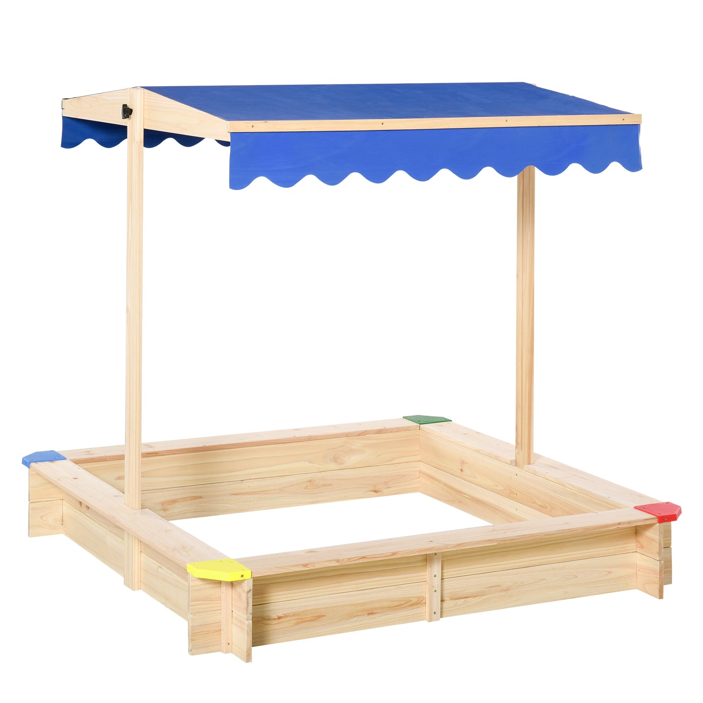 Outsunny Arenero de Madera para Niños con Techo Cajón de Arena Toldo Ajustable Espacioso 120x120x120 cm para Jardín Exterior al Aire Libre Color Madera Natural