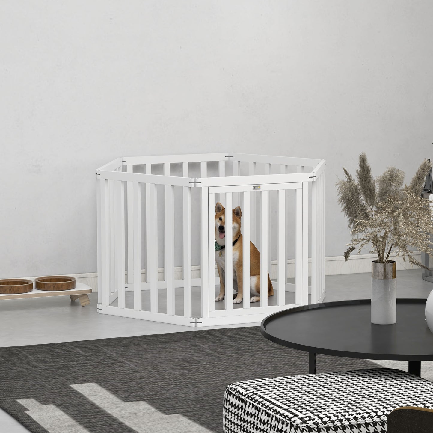 PawHut Parque para Perros de 6 Paneles 60x70 cm Valla para Mascotas Plegable de Pino con Puerta Pies de Goma Antideslizantes y Forma Personalizable para Pasillos Escaleras Blanco