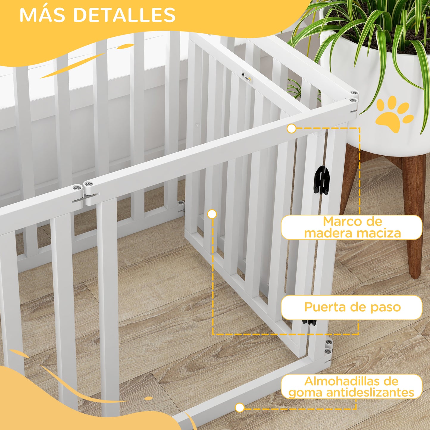 PawHut Parque para Perros de 6 Paneles 60x70 cm Valla para Mascotas Plegable de Pino con Puerta Pies de Goma Antideslizantes y Forma Personalizable para Pasillos Escaleras Blanco