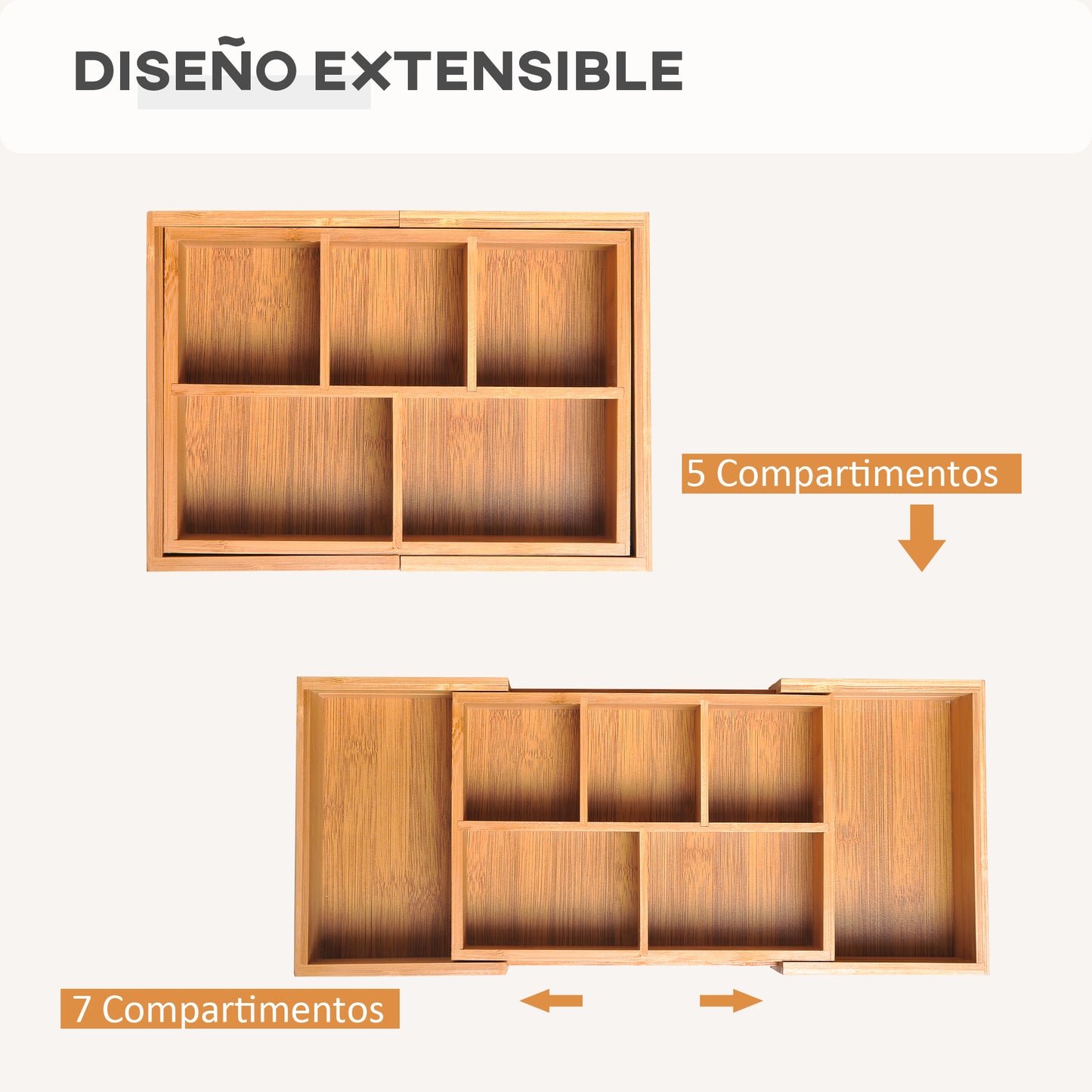 HOMCOM Organizador de Escritorio de Bambú Caja de Almacenamiento Extensible con 5-7 Cajones para Maquillaje Oficina Estudio 24,6-41x17,6x7 cm Natural