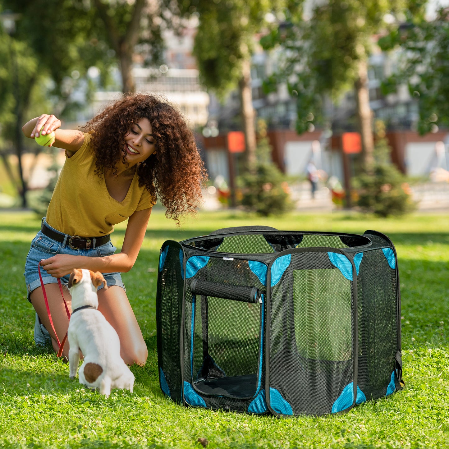 PawHut Parque Plegable para Perros y Gatos de 8 Paneles Parque de Juego para Mascotas con Bolsa de Transporte Recinto Portátil para Conejos Conejillos de Indias para Interior y Exterior Ø91x58 cm Azul