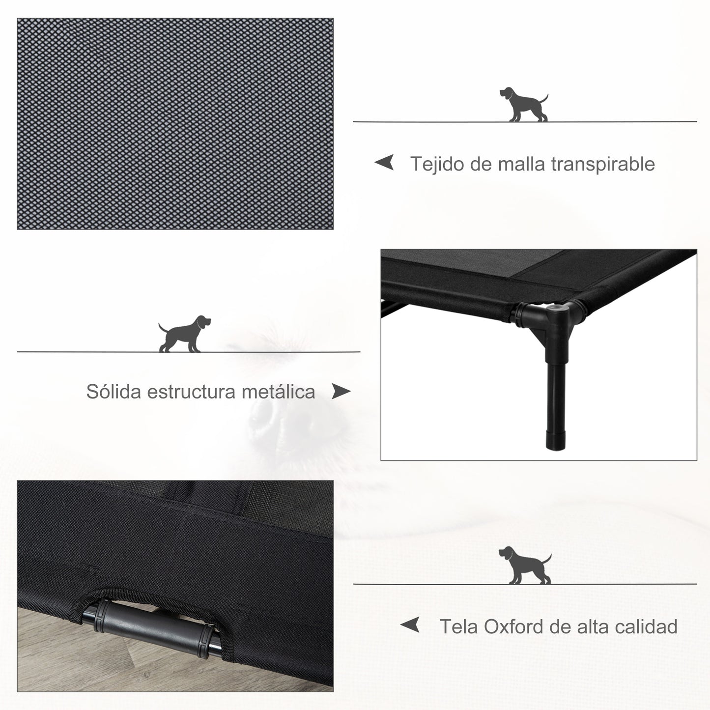 PawHut Cama Elevada para Perros Gatos Portátil Cama para Mascotas con Zona de Malla Transpirable y Tela Oxford para Interior Exterior 92x76x18 cm Negro