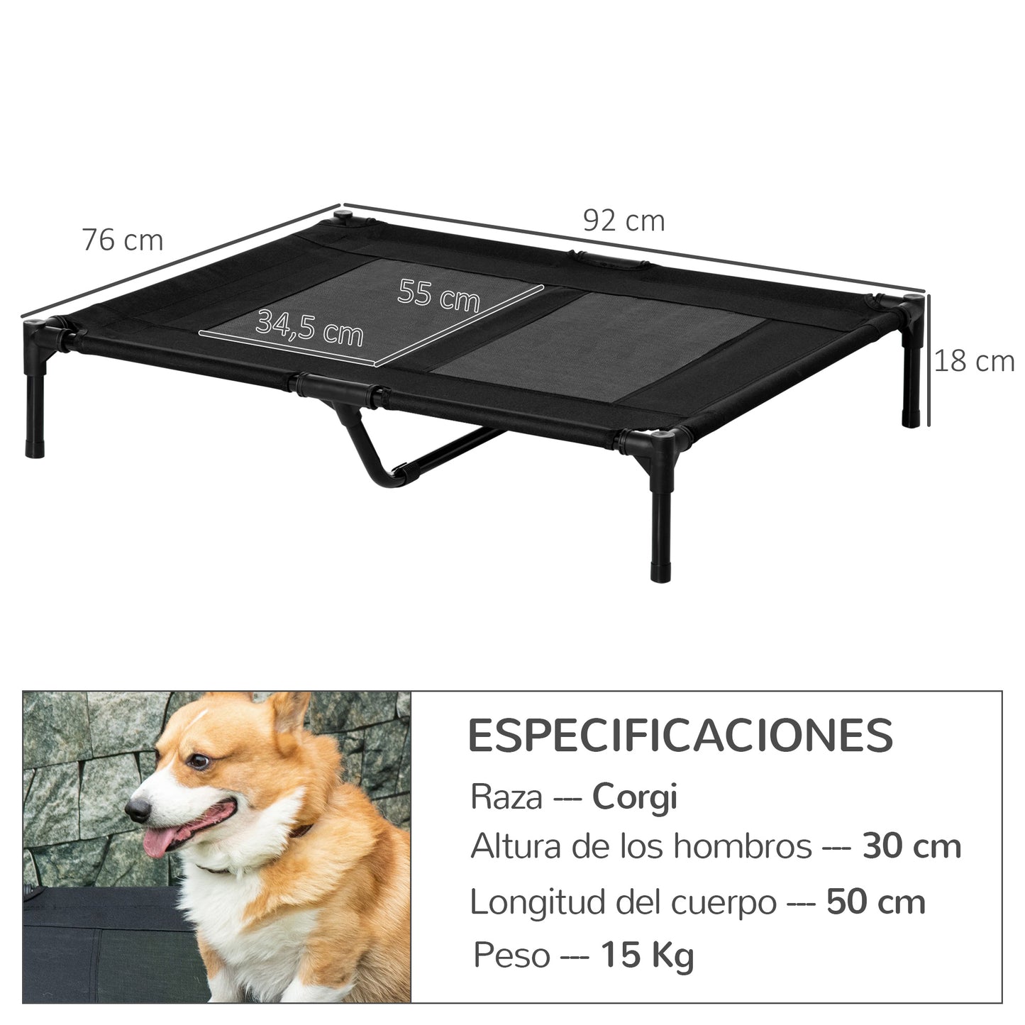 PawHut Cama Elevada para Perros Gatos Portátil Cama para Mascotas con Zona de Malla Transpirable y Tela Oxford para Interior Exterior 92x76x18 cm Negro